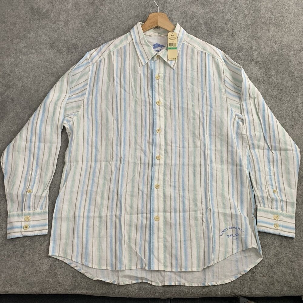 Tommy Bahama Shirt Mens Large Linen Sail Away Breezer Long Sleeve Blue Steel